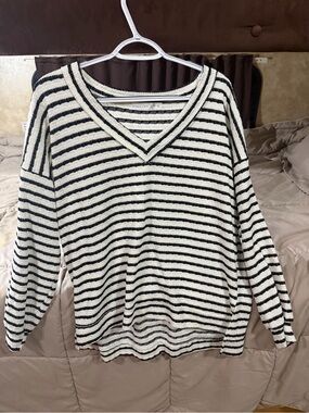 Altar'd State Cream & Black Striped V-Neck Sweater